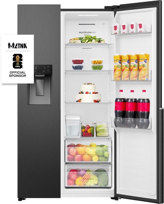 ETNA AKV5178IZWA - Amerikaanse koelkast - No-Frost - 178 cm hoog - 528 liter - Energielabel E - Invriesvermogen 10 kg/24u - Geluidsniveau 40 dB - LED