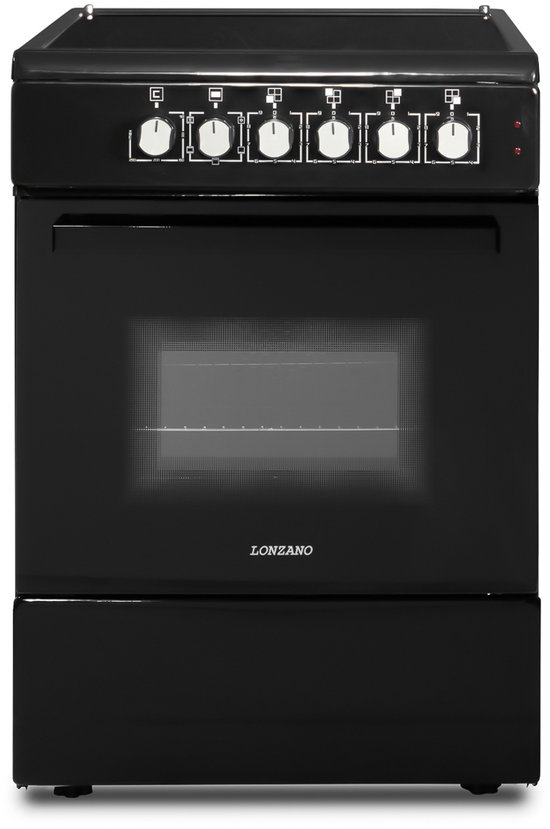 Lonzano Keramisch Fornuis - Zwart Glans - 60CM Breed - 2 Fase - 3 Fase - Hetelucht - Lade - 61 Liter